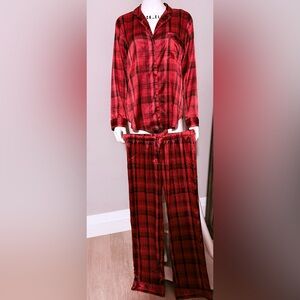 2Pc M Vs Victoria’s Secret 2015 Long Satin PJ Pajama Set Red Black plaid set
